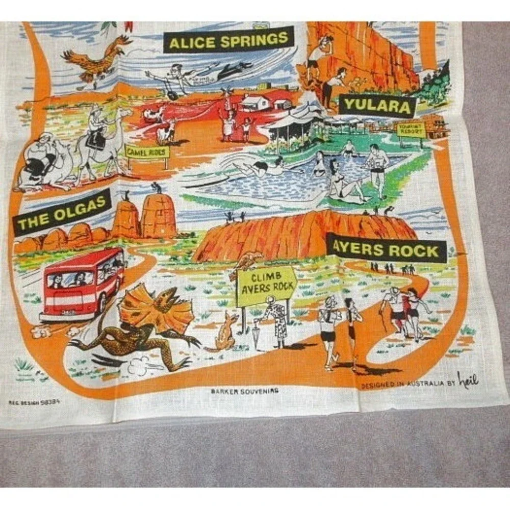 Vtg Australia Linen Souvenir Tea Towel Kangaroo Wildlife Joey Scenic Travel 31